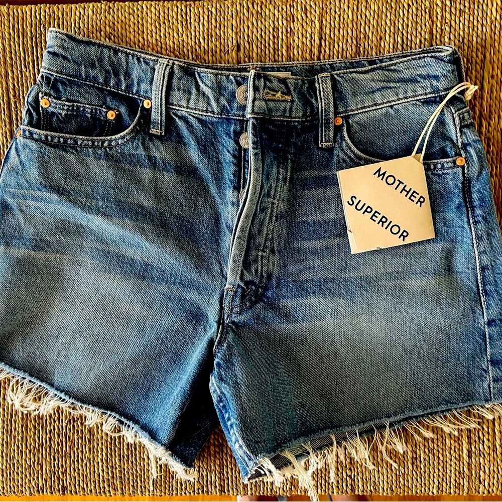MOTHER SUPER The Skipper High Rise Blue Jean Shorts  Frayed Hem